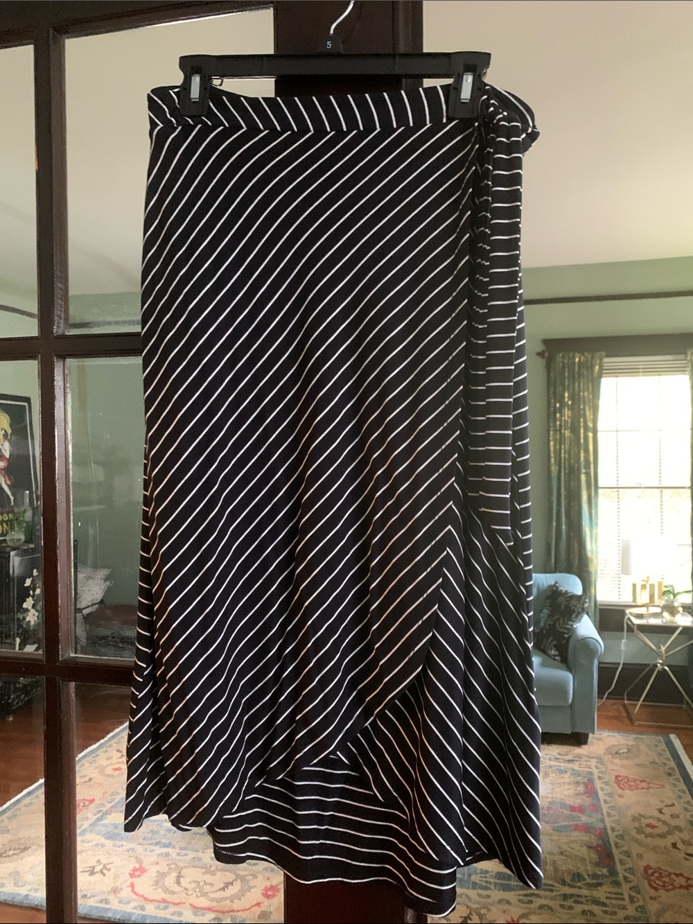 Adrienne Vittadini Black and White Diagonal Stripe Midi Wrap Skirt